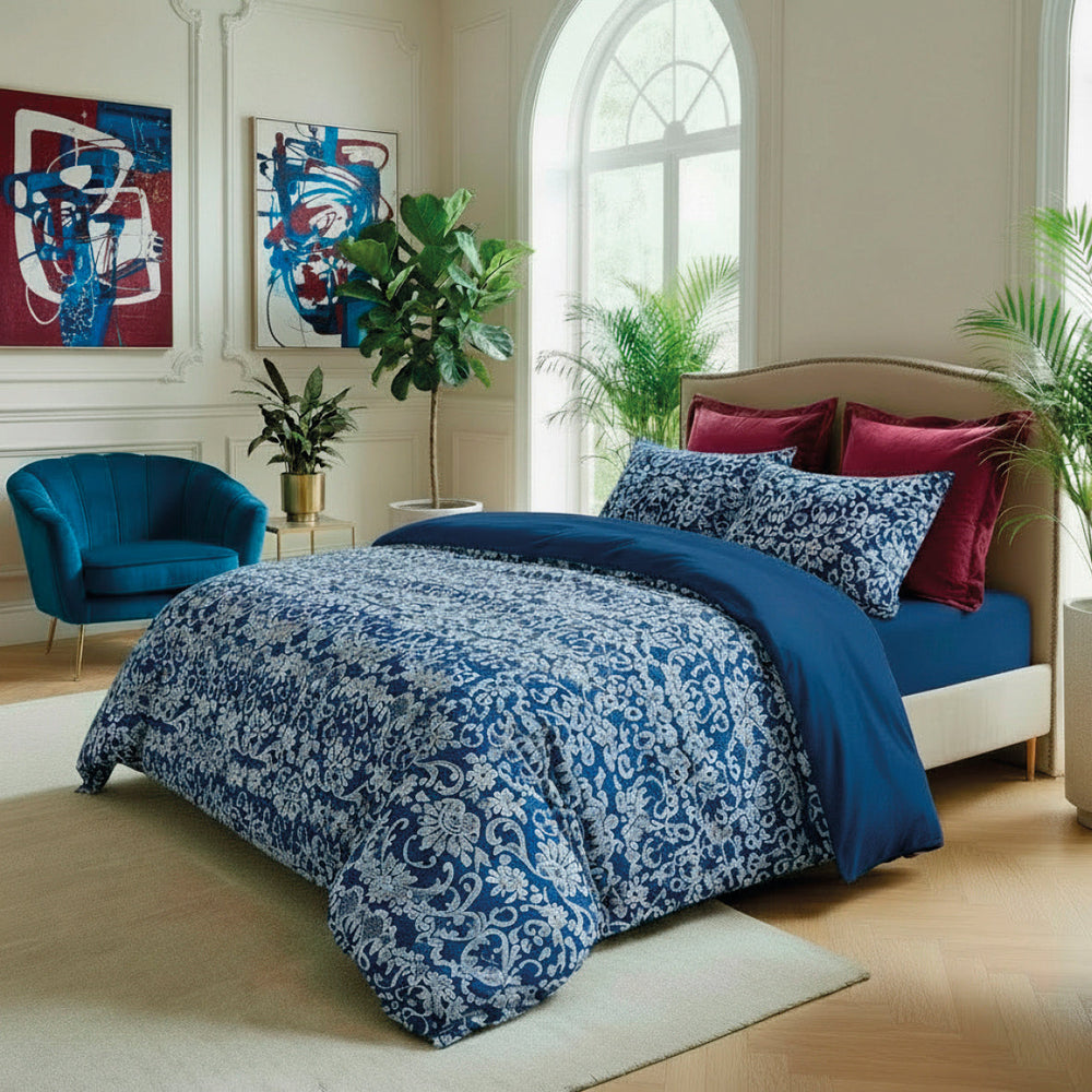 Drap plat satin de coton - Passementerie bleu - 240 x 300 cm