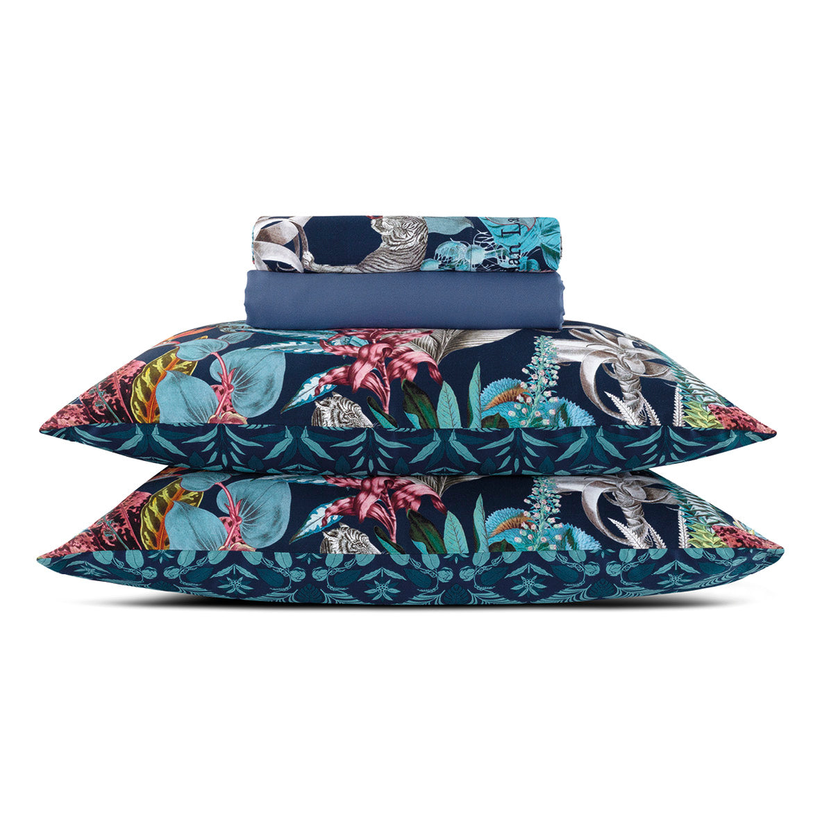 Ensemble de draps : drap-housse, drap plat, taie(s) d'oreiller en satin de coton - dessin Zanzibar bleu - Drap plat : 210 x 270 cm / Drap-housse : 135 x 190/200 x 30 cm - CXL by Christian Lacroix Maison