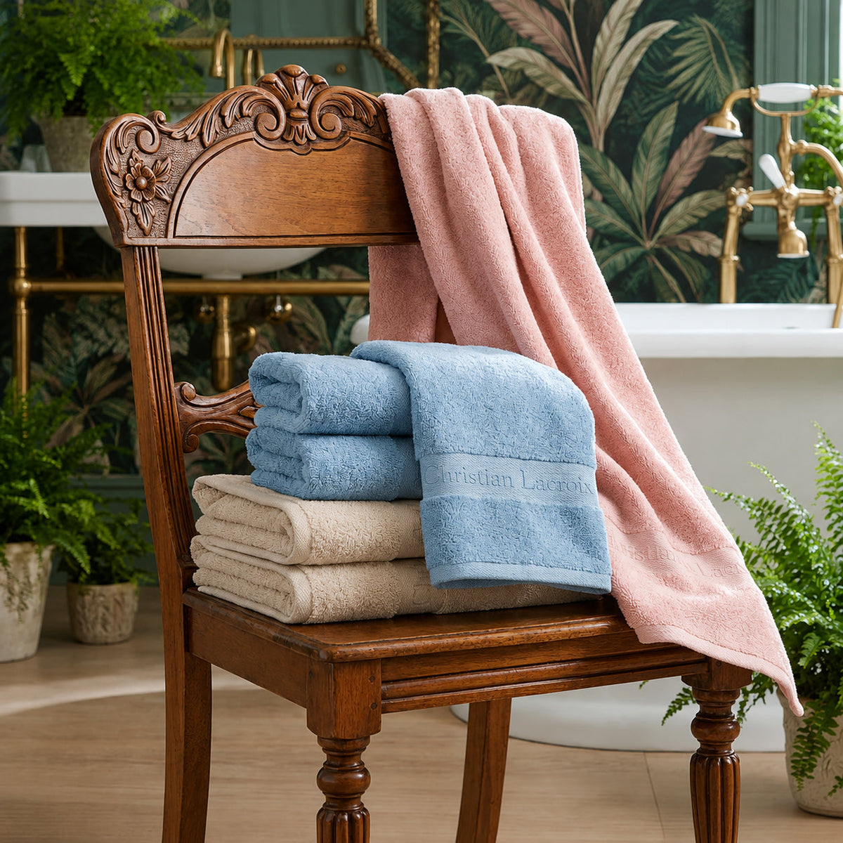 Ensemble de linge de bain 6 pièces (serviettes, drap de bain, lavettes + tapis) - 100 % coton peigné - Azur - CXL by Christian Lacroix Maison