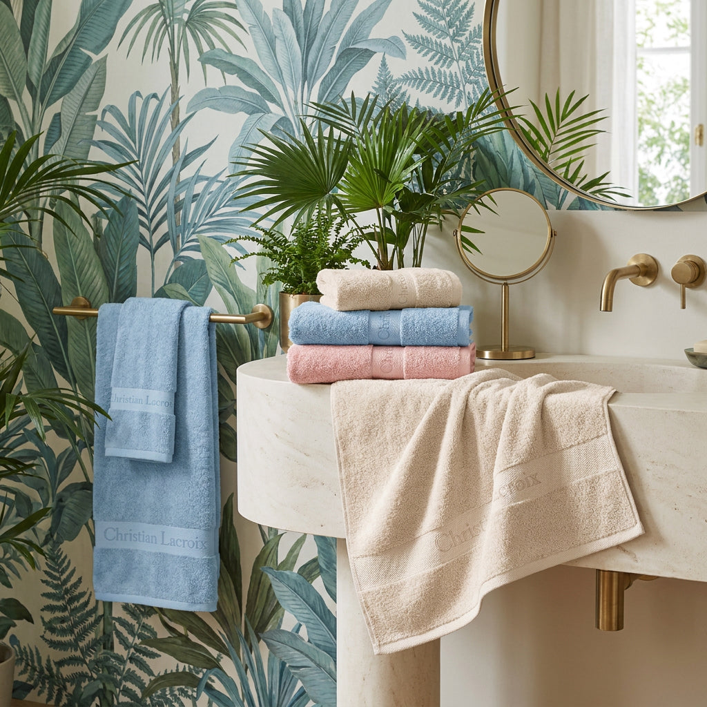 Ensemble de linge de bain 6 pièces (serviettes, drap de bain, lavettes + tapis) - 100 % coton peigné - Azur - CXL by Christian Lacroix Maison