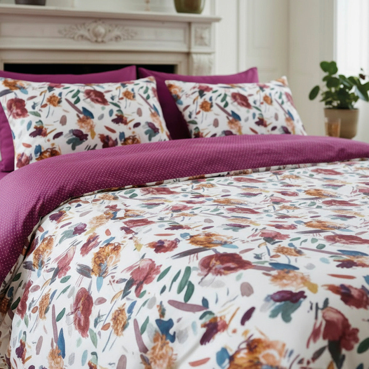 Housse de couette + taie d’oreiller satin de coton - Arty flowers Blanc
