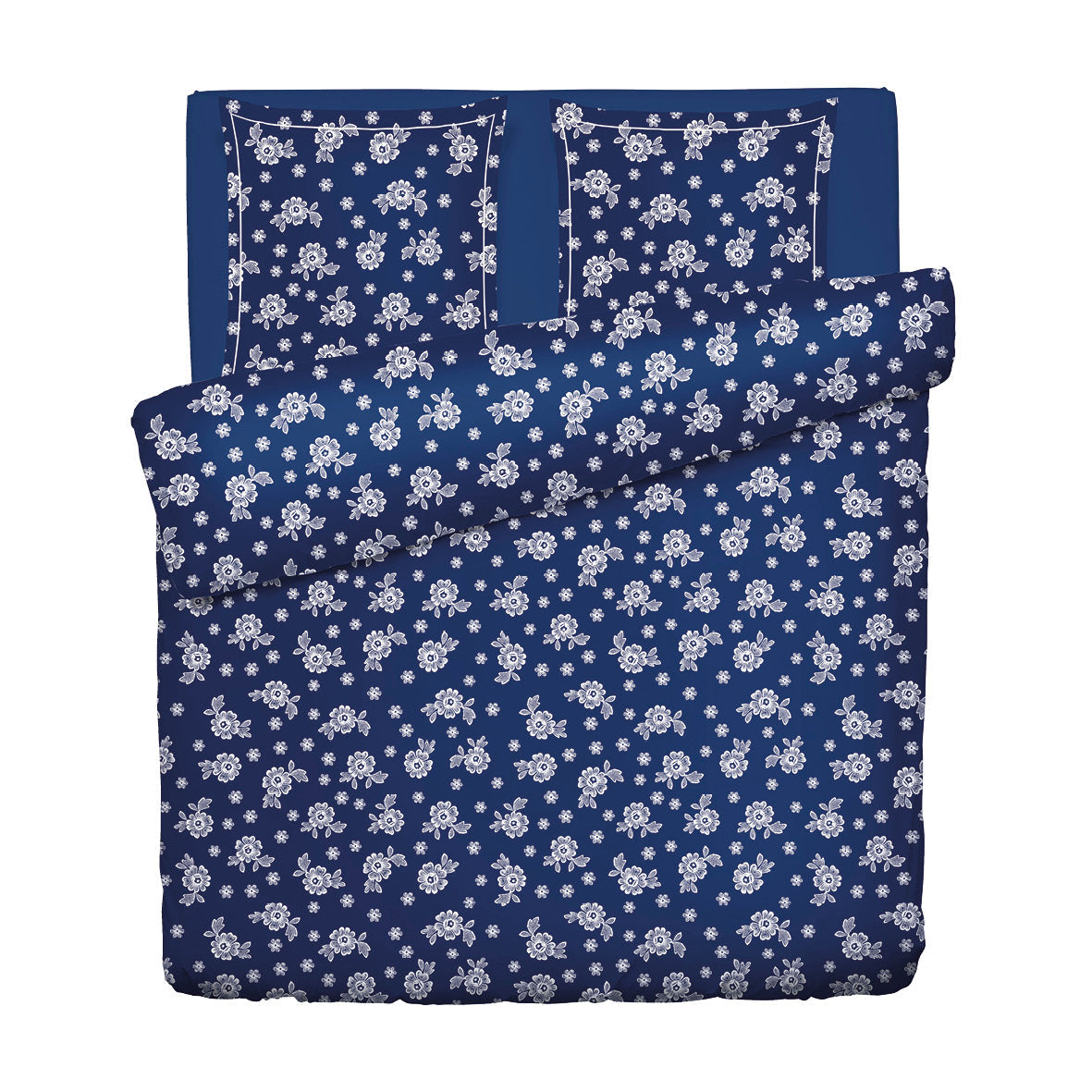 Housse de couette + taie d’oreiller satin de coton - Blossom Bleu foncé - 200 x 220 cm + 2 x (80 x 80 cm)