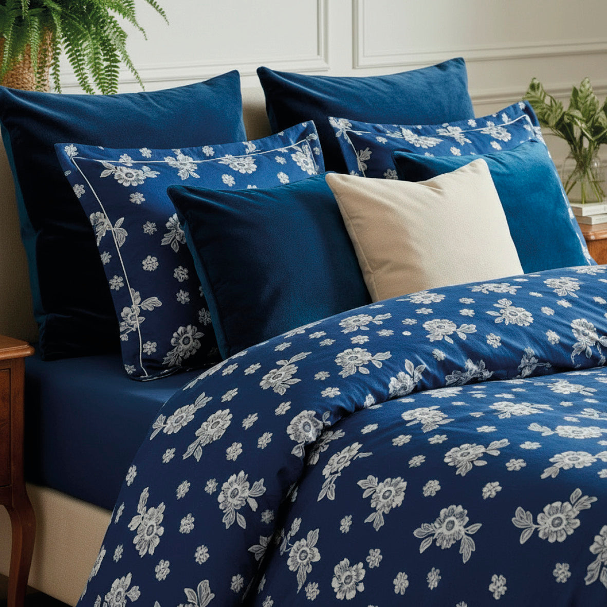 Housse de couette + taie d’oreiller satin de coton - Blossom Bleu foncé