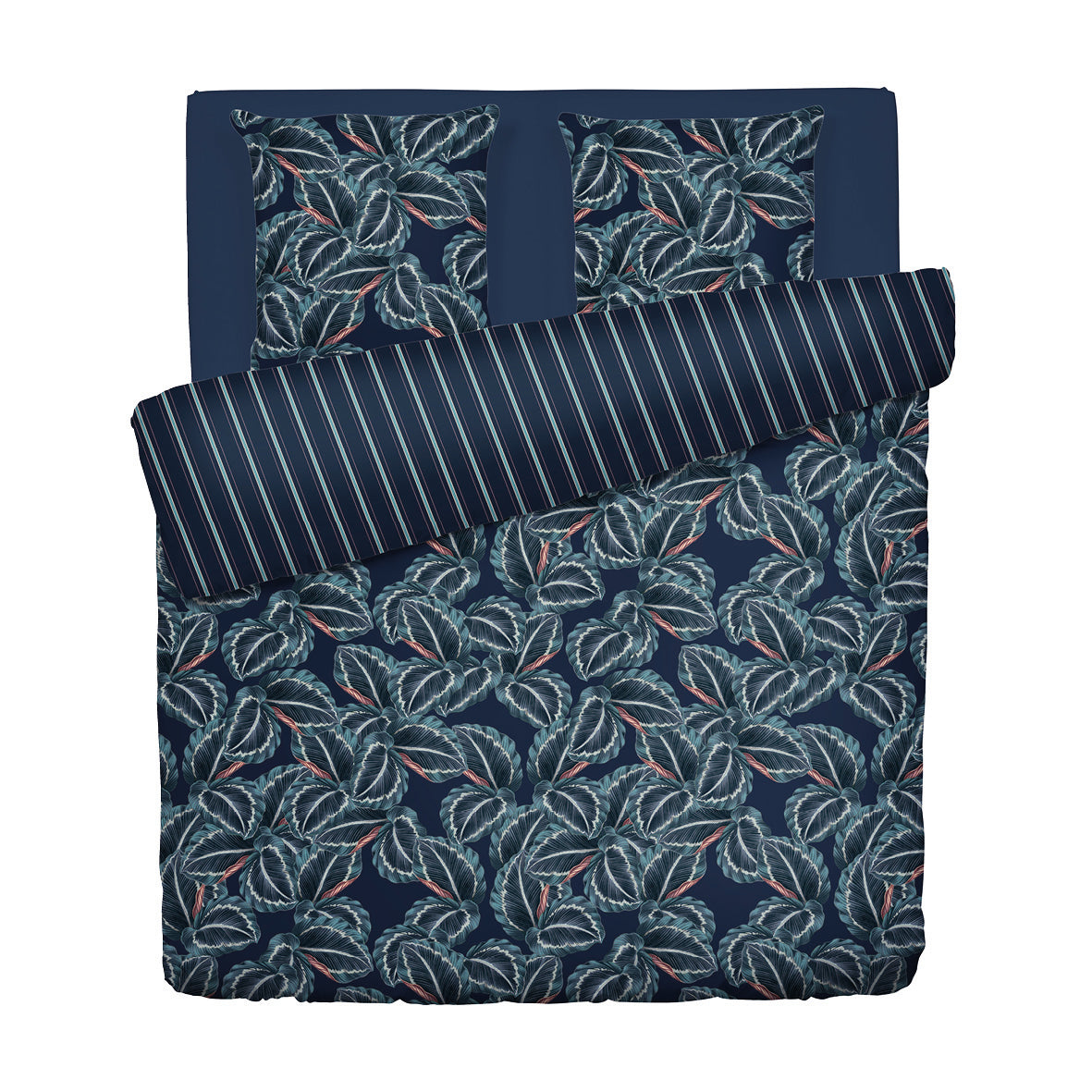 Housse de couette + taie(s) d’oreiller satin de coton - Calathea bleu foncé - 200 x 220 cm + 2 x (80 x 80 cm)