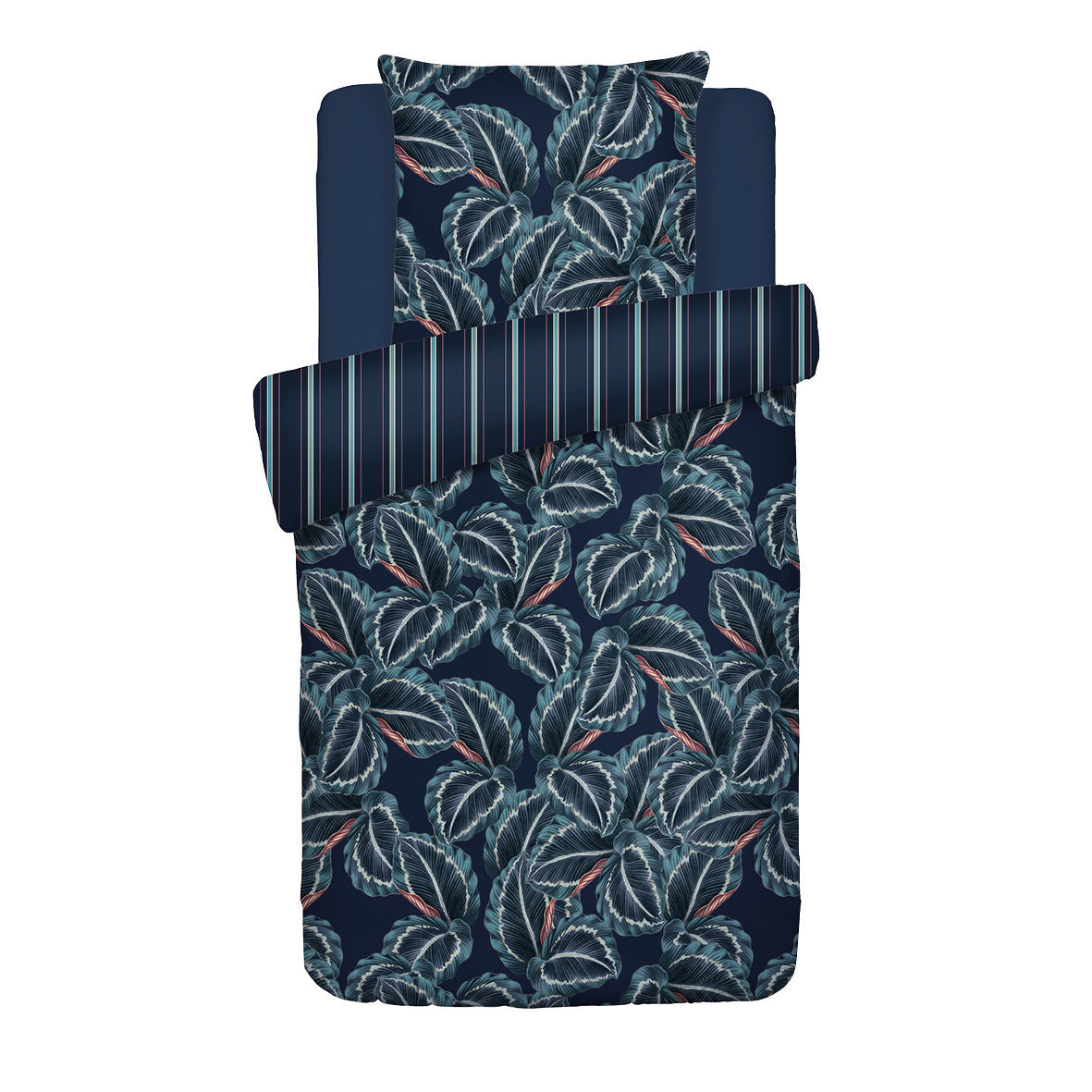 Housse de couette + taie(s) d’oreiller satin de coton - Calathea bleu foncé - 135 x 200 cm + 80 x 80 cm