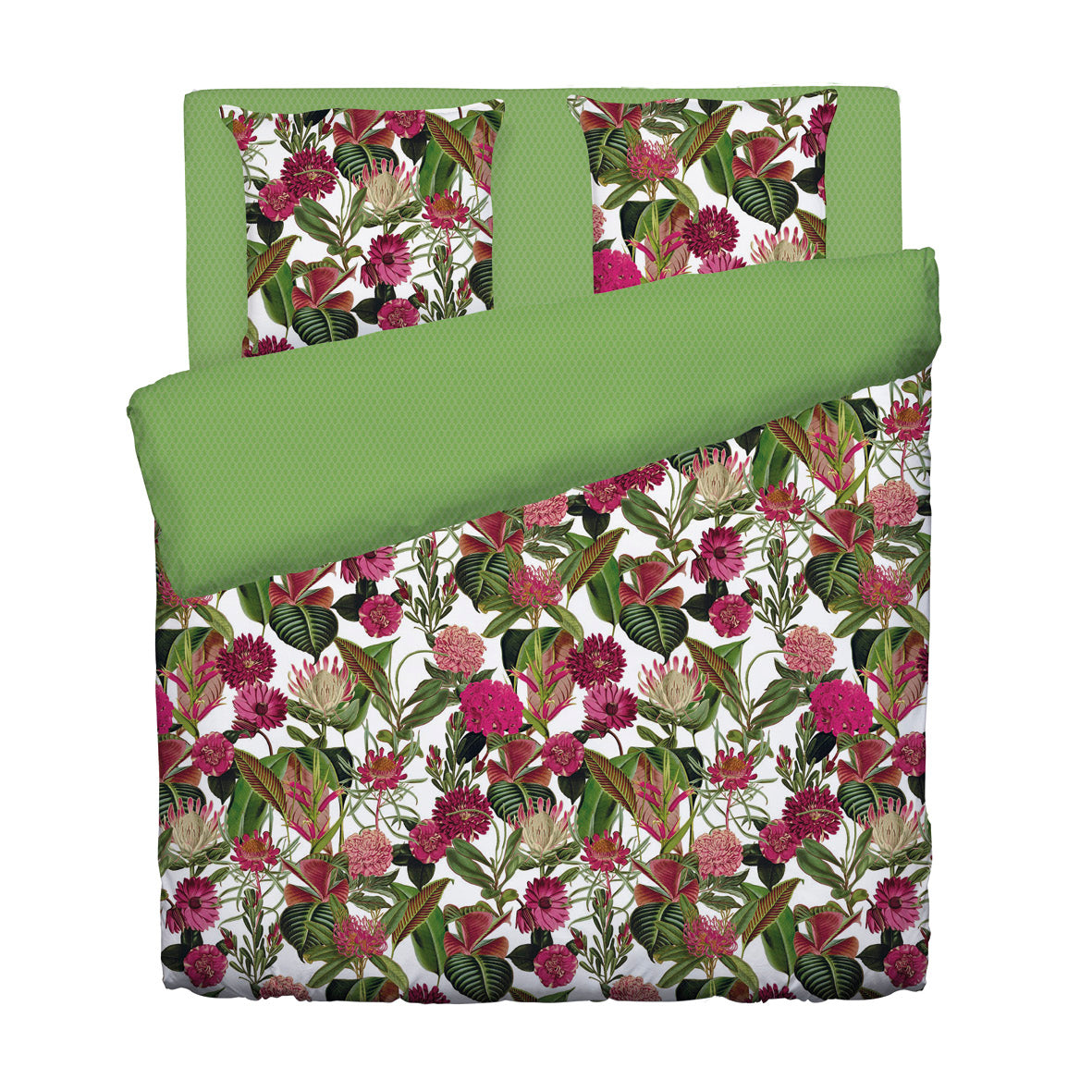 Housse de couette + taie(s) d'oreiller satin de coton - Garden vert - 200 x 200 cm + 2 x (80 x 80 cm)
