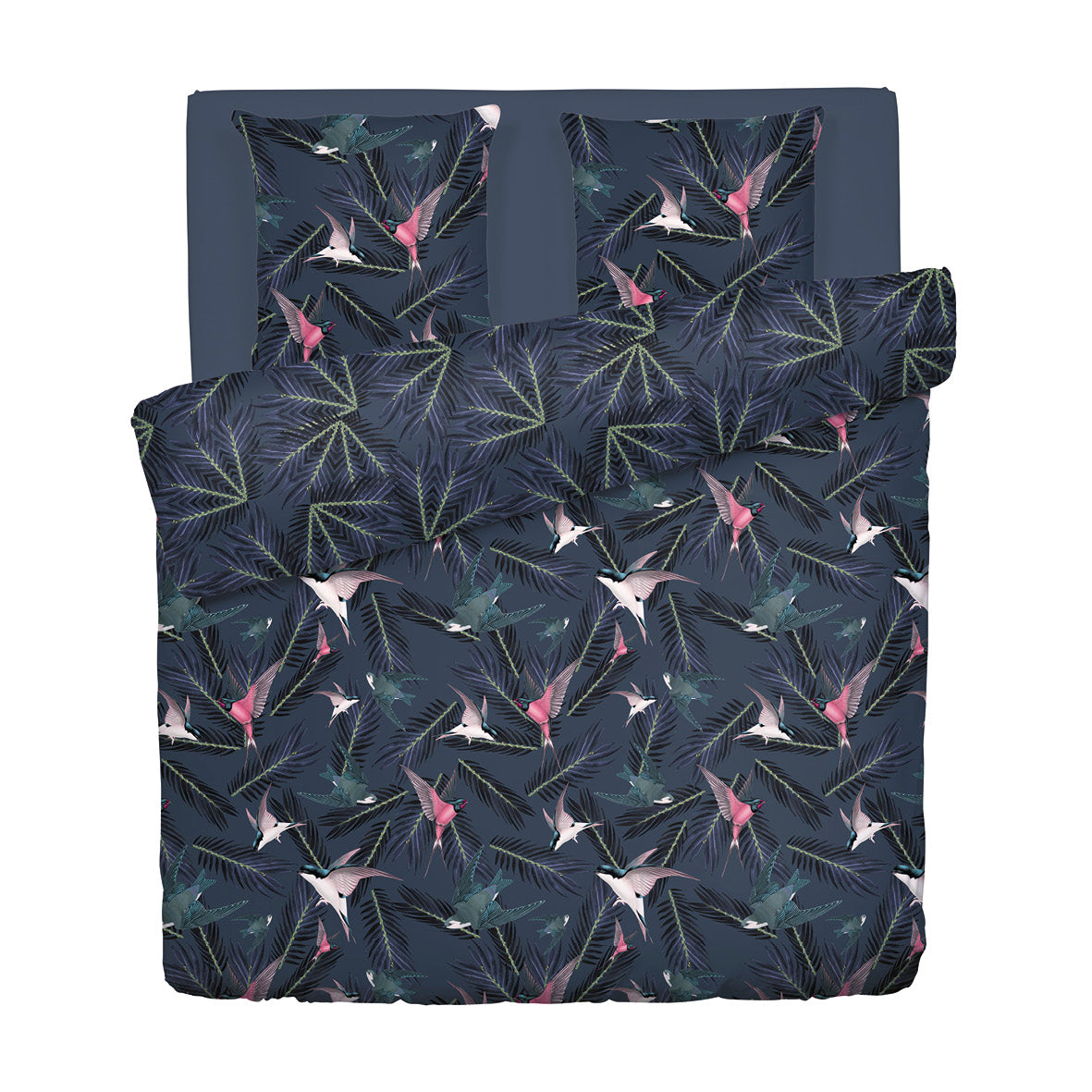 Housse de couette + taie(s) d'oreiller satin de coton - Hirondelles Bleu - 200 x 200 cm + 2 x (80 x 80 cm)