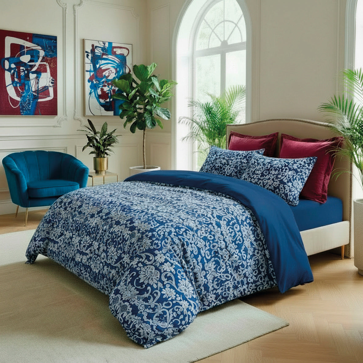 Housse de couette + taie(s) d’oreiller satin de coton - Passementerie bleu