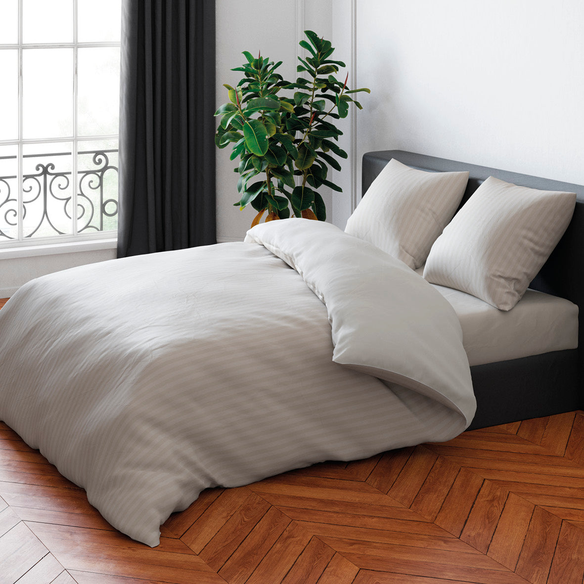 Housse de couette + taie(s) d'oreiller satin de coton - Rayure tissé taupe - CXL by Christian Lacroix Maison