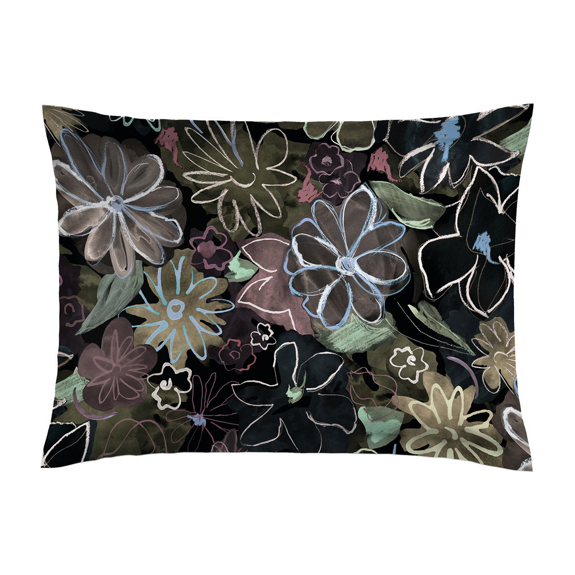 Taie d’oreiller satin de coton - Fleurs pastel Noir - 2 x (50 x 70 cm)