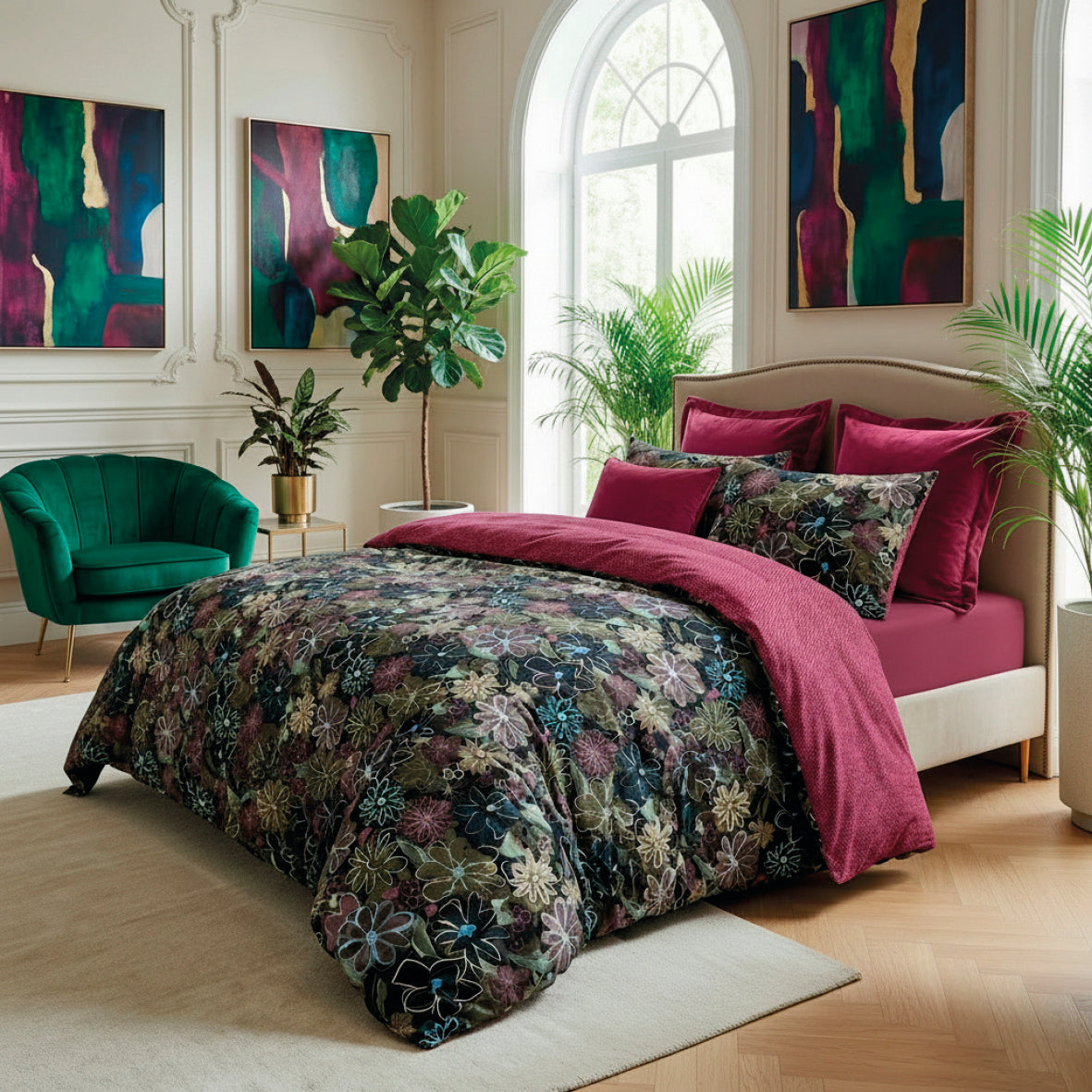 Taie d’oreiller satin de coton - Fleurs pastel Noir